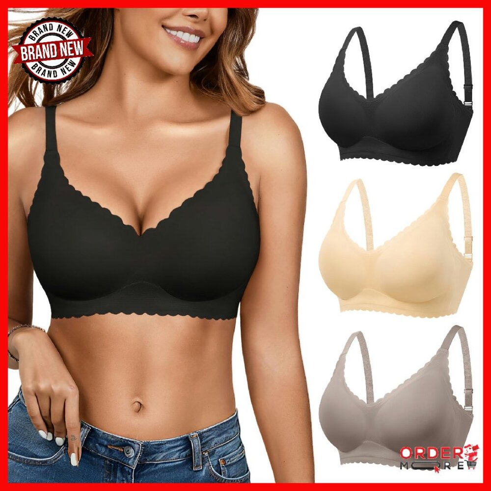 3 Pack Seamless Wireless Push Up Bras - Deep V No Wire Comfort Support